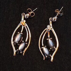 Elegant Solid 14K Gold Natural Gray Cat’s Eye Dangle Earrings